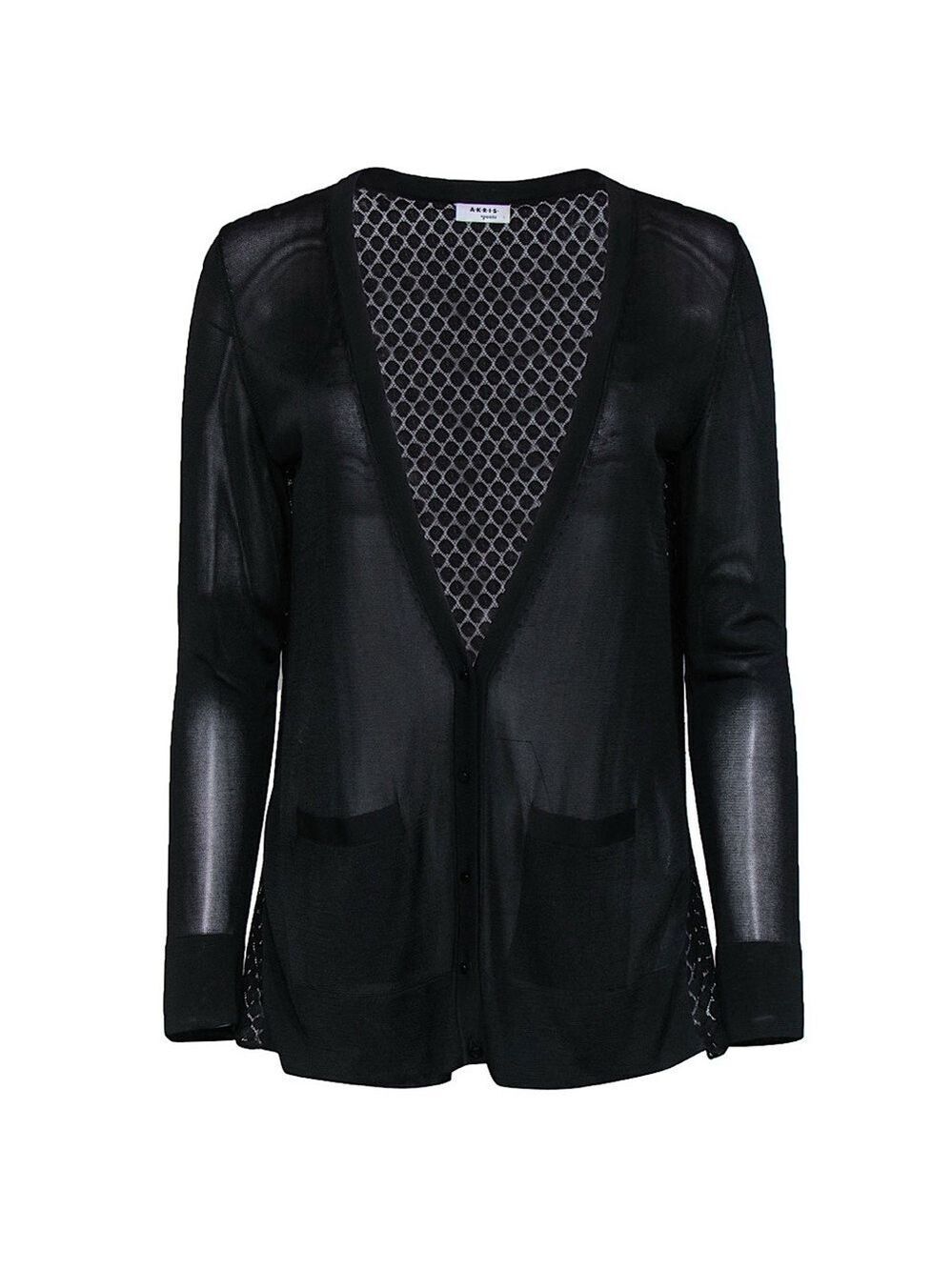 Akris Punto Black Deep V-Neck Cardigan w/ Sheer Pleated Back Size 8